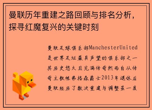 曼联历年重建之路回顾与排名分析,探寻红魔复兴的关键时刻 曼联历年重建之路回顾与排名分析,探寻红魔复兴的关键时刻