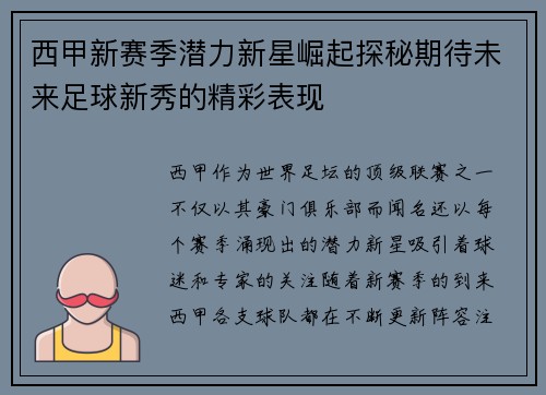 西甲新赛季潜力新星崛起探秘期待未来足球新秀的精彩表现